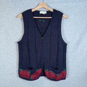 Vintage Croft & Barrow Womens Navy Blue Apple Knit Zip Up Sweater Vest Medium